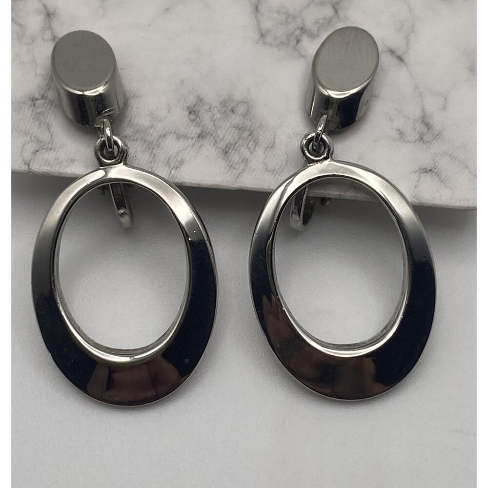 Simple Silver Tone Open Oval Dangle Drop Earrings Classy